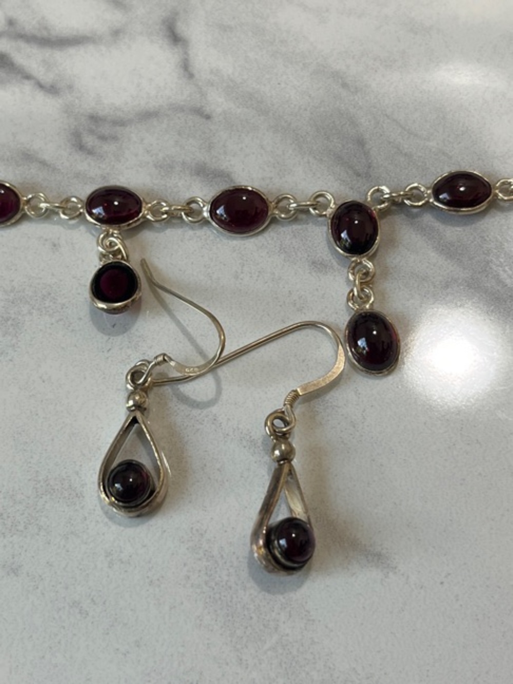 Sterling Silver Garnet Teardrop Necklace & Earrings Set - Picture 3 of 3